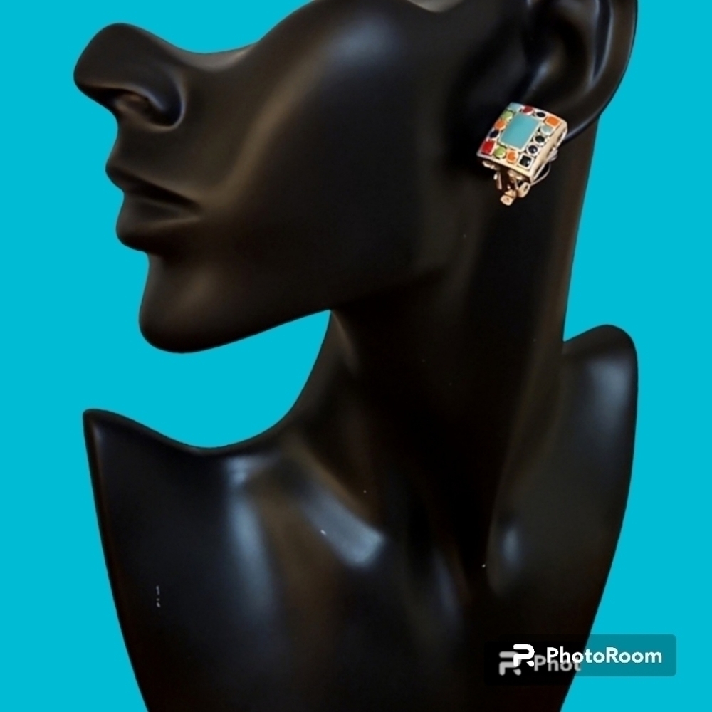 VTG MX 1980s Rainbow Southwestern Rectangle Clip-on Earrings